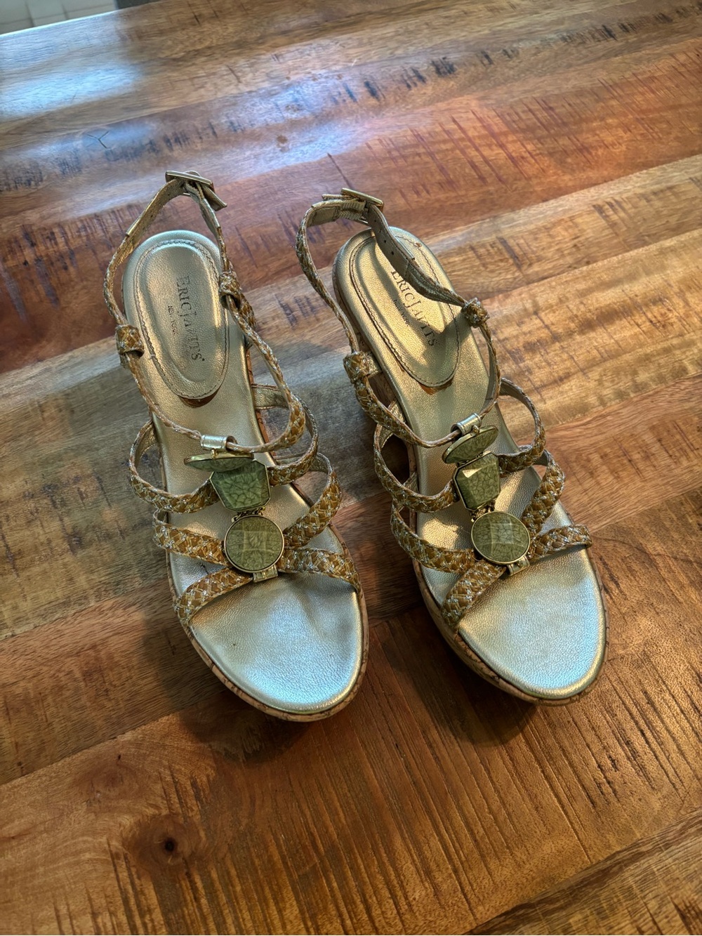 Eric Javits Metallic Gold Braided Wedge Sandals